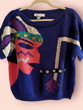 Vintage Tony Lambert Art Sweater Medium Abstract Face Jeweled